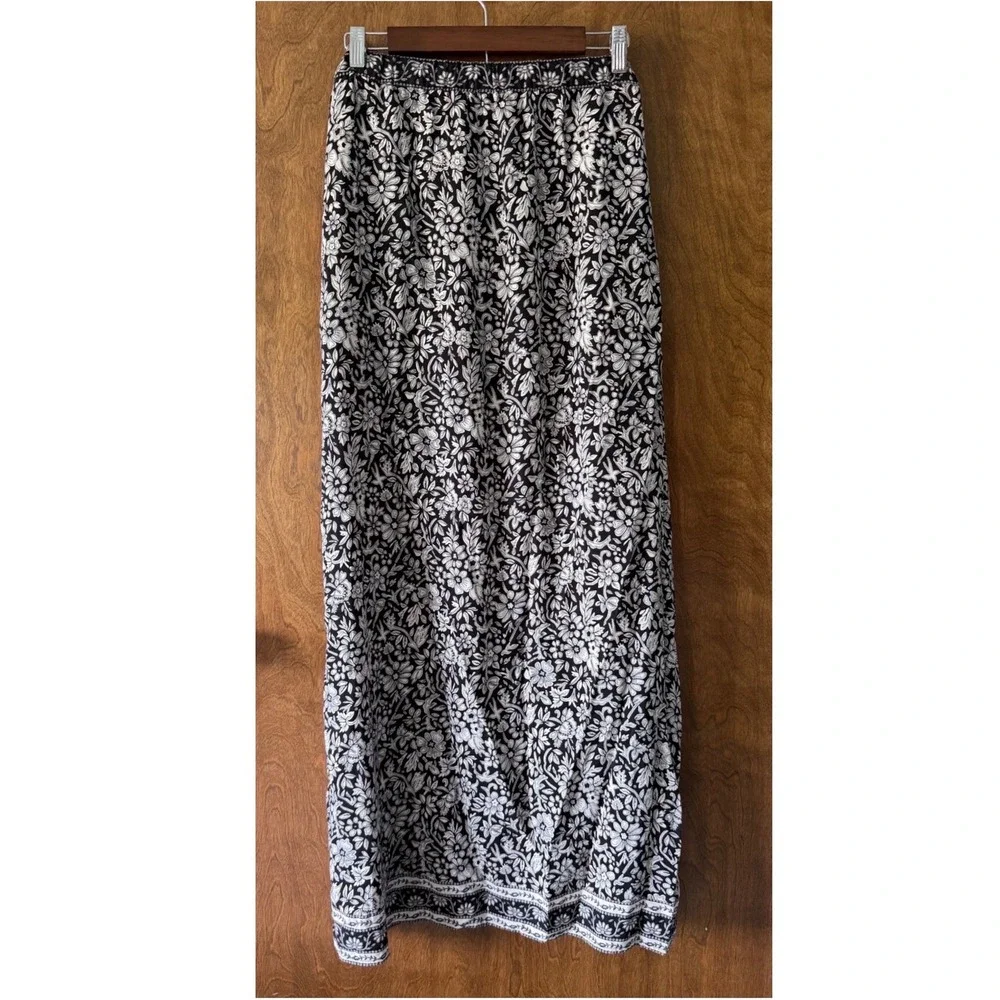 Long Tall Sally Sz 16 Black Floral Slit Pull On Maxi Skirt Cottage Boho Feminine